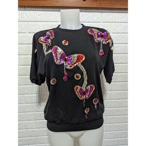 Victoria Harbor Women's Black Sequin Butterfly Pullover Crew Neck Shirt Small